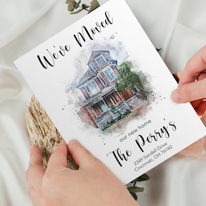 Custom watercolor house portrait moving announcement card. Personalized "We've Moved" stationery featuring a hand-painted style illustration of a Victorian home with the family name and new address.