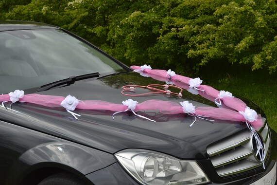 wedding car decoration ribbon bows prom limousine decoration HEARTS pink/pink 