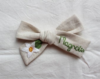 Custom Hand Embroidered Name Bow, heirloom bow, embroidered bow, hand embroidered bow, custom embroidered bow, handtied embroidered bow