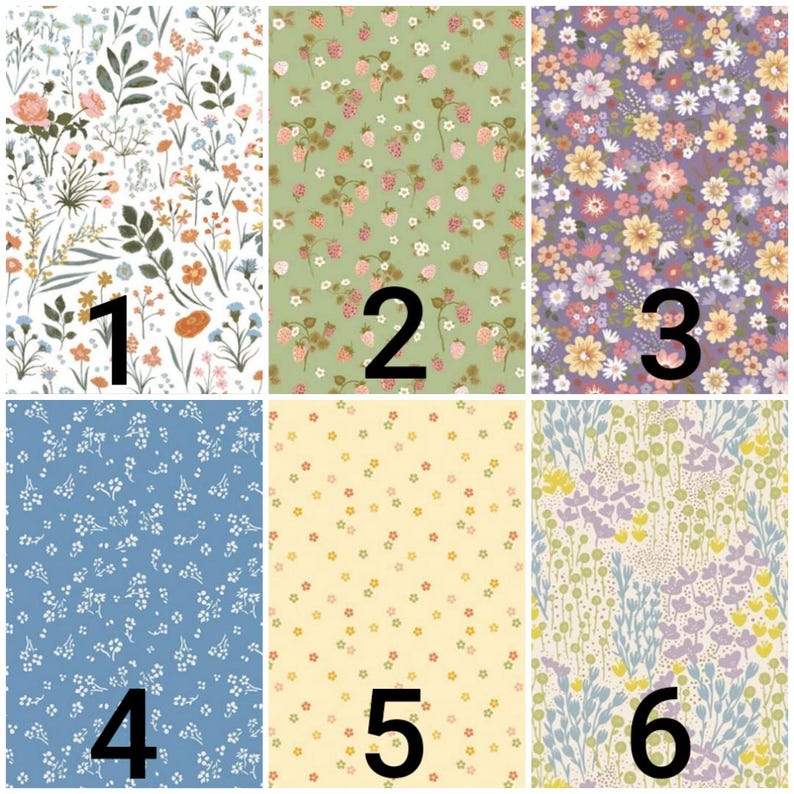 May include: Six different floral fabric swatches with numbers 1 through 6 printed on them. The fabrics feature various floral patterns in shades of blue, green, yellow, pink, and purple.