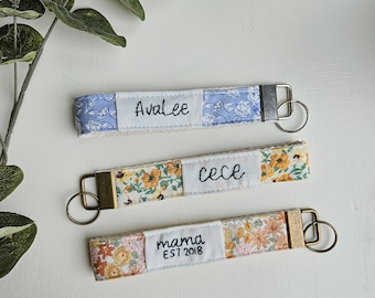 Custom Embroidered Floral Fabric Key Fob, Personalized Gift