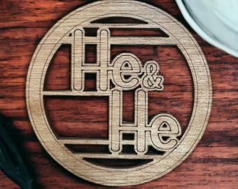 He & He Wooden Drink Coasters, Hubby and Hubby Gift, Same Sex Wedding, Gay Marriage Gift, LGBTQ Engagement Gift, Gay Wedding, Housewarming