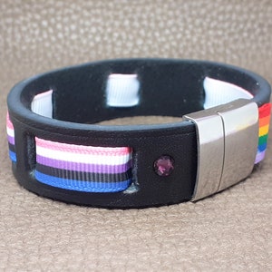 Genderfluid Leather Bracelet, Genderfluid Flag Bracelet, LGBTQIA Wristband, LGBTQIA Gift Idea, Genderfluid Coming Out Gift image 1
