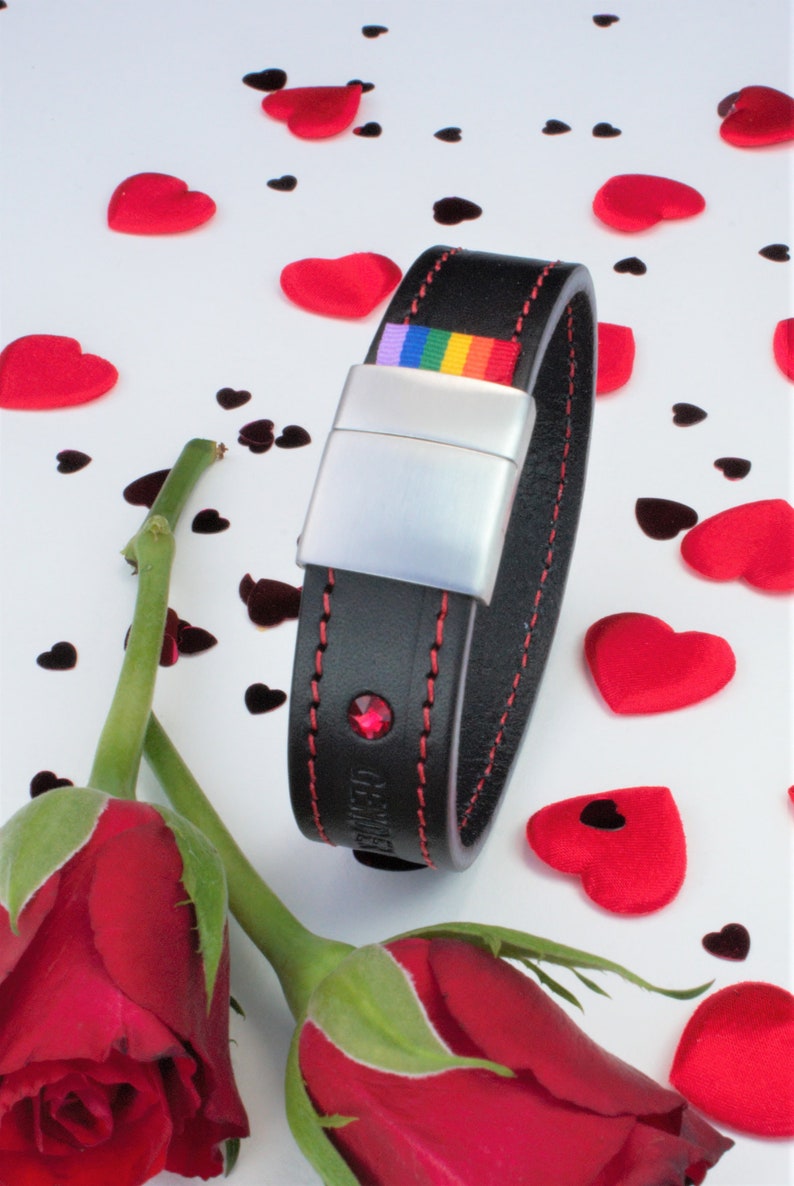 Jewellery GENDERTAG Black Stitched Leather Pride Lesbian Bracelet LGBTQ