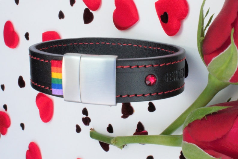 Jewellery GENDERTAG Black Stitched Leather Pride Lesbian Bracelet LGBTQ