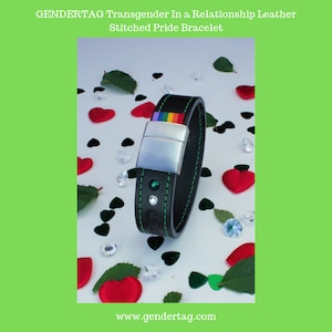 Transgender leather bracelet with green stitching