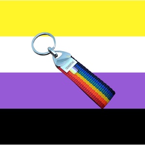 Könnte beinhalten: Ein Schlüsselanhänger mit einem Regenbogenband und einem silberfarbenen Metallring. Auf dem Band ist das Wort "GENDERTAG" aufgedruckt. Der Hintergrund ist eine nicht-binäre Pride-Flagge mit gelben, weißen, lila und schwarzen Streifen.