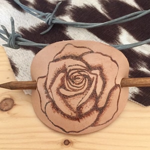 Cottagecore Pyrography on leather stick barrette