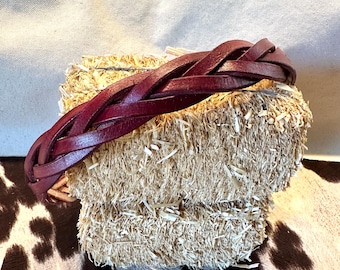 Leather adjustable 5 strand mystery braided headband in mahogany