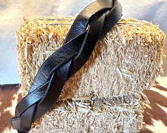 Black leather adjustable braided headband