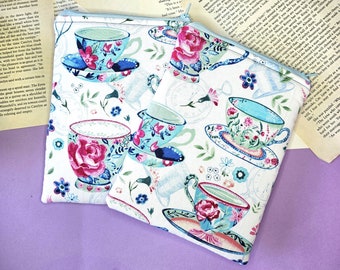 Teacup Kindle Cover, Zipper E-reader Pouch, Bibliophile Merch, Reader Accessories, Reading Gift for Her, Paperwhite Sleeve, Bookish Merch