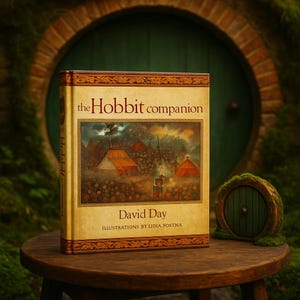 May include: A hardcover book titled "the Hobbit companion" by David Day, with illustrations by Lidia Postma. The book is on a wooden stool, with a miniature green door and a larger green door in the background.