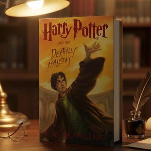 May include: A hardcover book titled "Harry Potter and the Deathly Hallows" with a vibrant cover illustration. The cover features a young man with glasses and a raised hand, set against a warm, golden background. The author's name, J.K. Rowling, is visible.