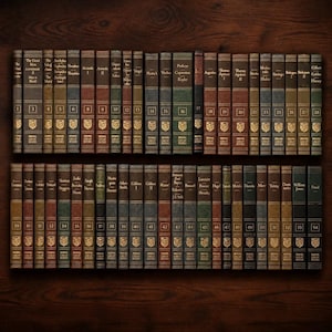 May include: A collection of fifty-four hardcover books arranged in two horizontal rows. Each book spine features a dark, textured finish with gold-colored lettering, a unique volume number, and a small crest emblem near the bottom edge.