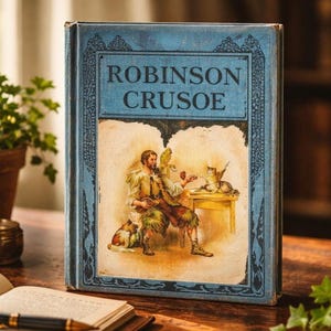 May include: A vintage hardcover book titled "Robinson Crusoe" with a blue cover and an illustration of a man with a parrot, dog, and cat. The book is on a wooden surface with a pen and open book in the foreground.