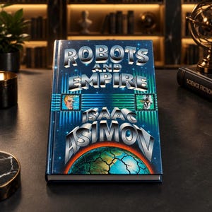May include: A hardcover book titled Robots and Empire by Isaac Asimov. The blue cover features metallic silver lettering, a graphic of a cracked planet, and two small square insets showing a human face and a robot head against a starry background.