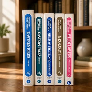 May include: Five Peterson Field Guides books with white spines and colored vertical panels. Titles include Eastern Birds, Eastern Trees, Shells of the Atlantic, Geology, and Wildflowers. Each spine displays the series name, author, and a numbered circle.