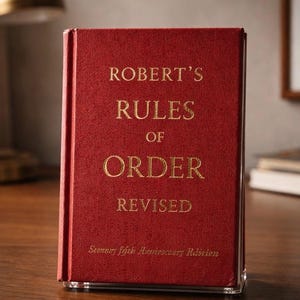 May include: A red hardcover book titled "ROBERT'S RULES OF ORDER REVISED" with gold lettering. The book is a Scenery Fifth Anniversary Edition, standing upright on a wooden surface.