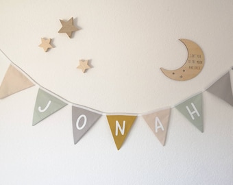 Wimpelkette Name - individuell, Ocker, Mint, Beige & Hellgrau  , personalisiert , unisex, Namensschild