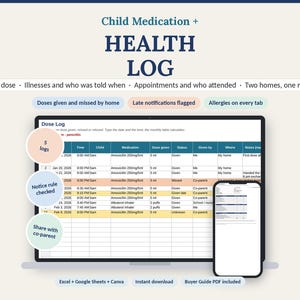 May include: A digital child medication health log template displayed on a laptop and smartphone screen. The interface features a dose log table with columns for time, child, medication, dose, status, and notes, alongside text labels for features.