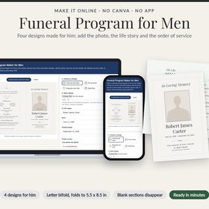 Programme funéraire personnalisé pour hommes | Créateur d'avis de décès masculin, modification en ligne, dépliant prêt à imprimer (téléchargement numérique)
