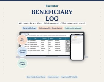 Beneficiary Communication Log | Executor Contact & Follow-Up Tracker (Google Sheets, Excel, Canva)