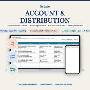 Puede incluir: Una plantilla digital de cuenta de patrimonio y distribución mostrada en un monitor de computadora y una pantalla de teléfono inteligente. La interfaz incluye columnas para descripción, categoría y dinero entrante o saliente, con etiquetas para 300 líneas, saldo corriente y seguimiento de recibos.