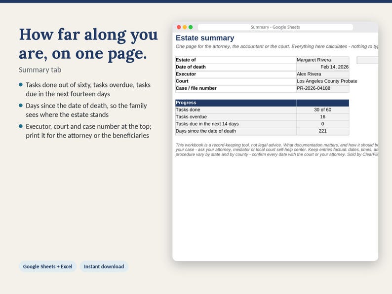 May include: A digital estate summary template for Google Sheets and Excel. The interface displays fields for estate details, executor, court, and case number, alongside a progress table tracking tasks done, overdue, and upcoming, plus days since death.