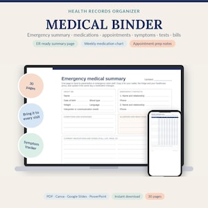 May include: A digital health records organizer medical binder featuring an emergency medical summary page on a laptop screen and a weekly medication chart on a smartphone. Includes sections for medications, appointments, symptoms, tests, and bills.