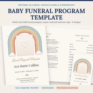 May include: A baby funeral program template featuring a rainbow graphic with a central heart, the text "Loved Beyond Measure," "Ava Marie Collins," and dates. The layout includes an order of service and is editable in Canva, Google Slides, and PowerPoint.