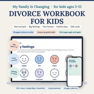 Könnte beinhalten: Ein digitales Scheidungs-Arbeitsbuch für Kinder im Alter von 5-12 Jahren, dargestellt auf einem Laptop und Smartphone. Der Bildschirm zeigt eine Gefühls-Aktivität mit sechs farbigen Emoji-Gesichtern, beschriftet mit happy, sad, angry, scared, confused, calm.