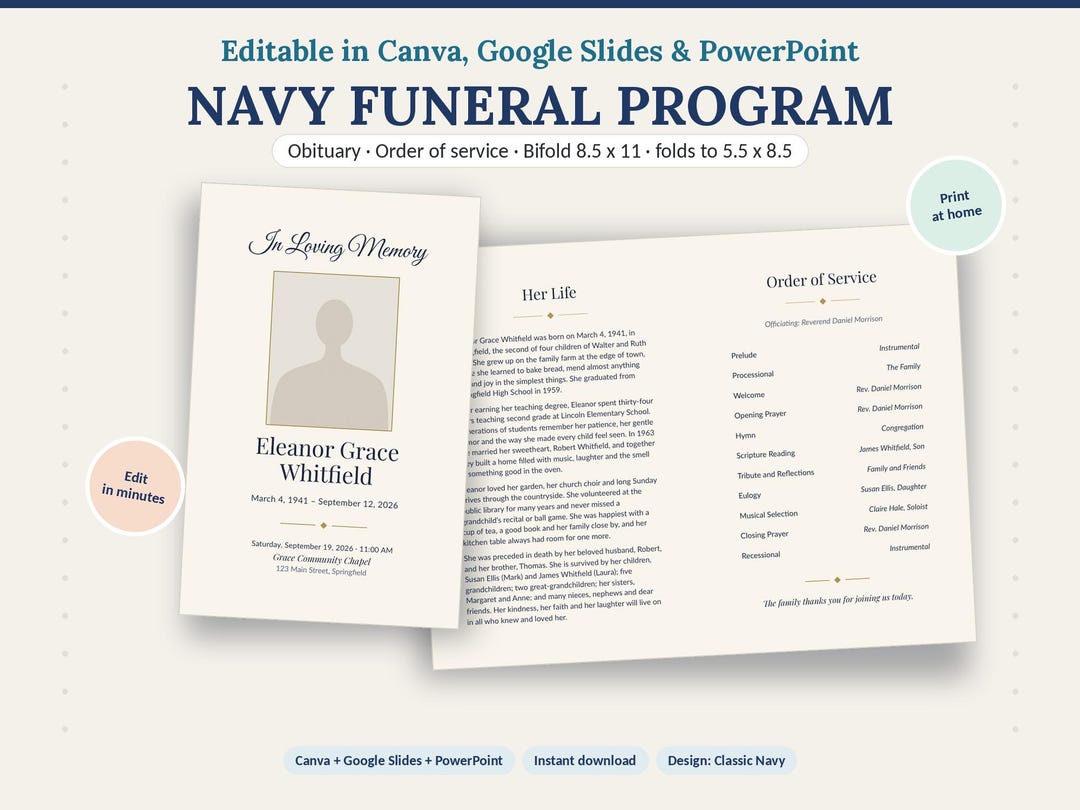 Navy Funeral Program Template | Editable Obituary Bifold, in Loving ...