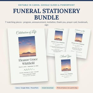 May include: A funeral stationery bundle featuring seven editable pieces including a program, announcement, invitation, thank you card, prayer card, bookmark, and sign. Each white card displays a sunset landscape image and the name Eleanor Grace Whitfield.