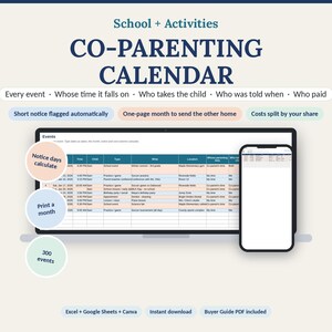 School & Activities Co-Parenting Calendar | Event Log, Pickup and Notice Tracker (Google Sheets, Excel, Canva)