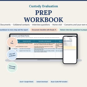 May include: A Custody Evaluation PREP WORKBOOK digital document featuring a table titled Concerns and Weak Points. The layout includes sections for Timeline, Documents, Collateral contacts, Interview questions, Home visit, and a document checklist.