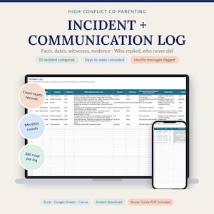 May include: A digital incident and communication log template for co-parenting, displayed on a laptop and smartphone screen. The document includes columns for dates, categories, locations, witnesses, evidence, and replies, with text labels.