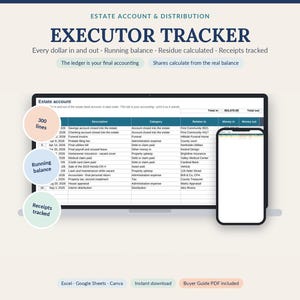 May include: An Executor Tracker digital template displayed on a laptop screen and a smartphone. The interface features columns for description, category, and financial data. Text includes Estate Account & Distribution, 300 lines, Running balance, and Receipts tracked.