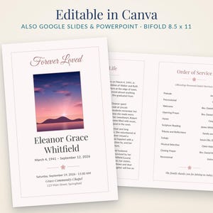 May include: A bifold funeral program template measuring 8.5 x 11 inches, featuring a sunset landscape photo, the text Forever Loved, Eleanor Grace Whitfield, dates, and an Order of Service. The design includes small flower icons and text.