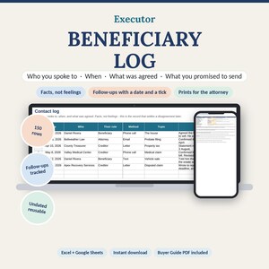 Beneficiary Communication Log | Executor Contact Record, Follow-Up Tracker for Probate | Google Sheets