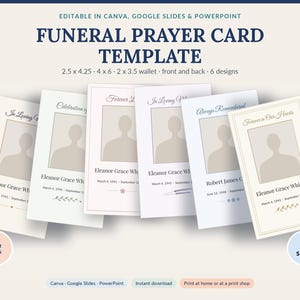 May include: A set of six funeral prayer card templates featuring various layouts with placeholders for photos and text. The designs include headings like In Loving Memory and Forever in Our Hearts, with dimensions listed as 2.5 x 4.25, 4 x 6, and 2 x 3.5 inches.