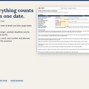 May include: A digital Estate Administration Workbook displayed as a Google Sheets interface. The text reads Everything counts from one date, Start Here tab, and details how to track probate deadlines, executor steps, and financial assets.