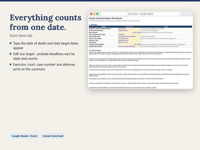 May include: A digital Estate Administration Workbook displayed as a Google Sheets interface. The text reads Everything counts from one date, Start Here tab, and details how to track probate deadlines, executor steps, and financial assets.
