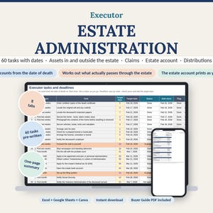 May include: A digital estate administration planner displayed on a laptop screen and smartphone. The interface features a spreadsheet titled Executor tasks and deadlines with columns for tasks, target days, dates, and status, alongside three circular callouts.