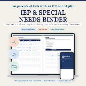 Puede incluir: Un planificador digital IEP & Special Needs Binder mostrado en una pantalla de portátil y smartphone. Incluye 31 páginas imprimibles, seguimiento de objetivos, registros de entrega y herramientas de comunicación para Canva, Google Slides y PowerPoint.