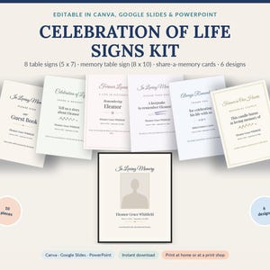 May include: A Celebration of Life signs kit featuring editable templates for table signs and memory cards. Includes text such as In Loving Memory, Guest Book, and Share a Memory. The kit contains 8 table signs measuring 5 by 7 inches and a memory table sign measuring 8 by 10 inches, with 6 distinct designs.