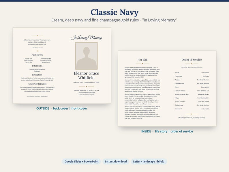 Navy Funeral Program Template | Editable Obituary Bifold, in Loving ...