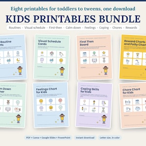 May include: A digital bundle of eight printable charts for children, including routine, visual schedule, first-then, calm down, feelings, coping, chore, and reward charts. Each page features colorful icons, text, and a cartoon character illustration.