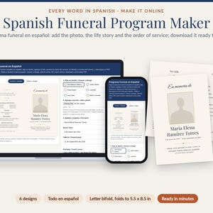 May include: A digital funeral programme maker tool displayed on a laptop and smartphone screen, alongside printed programme templates. The interface features text in Spanish, including the title Spanish Funeral Program Maker and details for a memorial service.