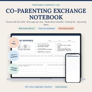 Puede incluir: Un cuaderno de intercambio de coparentalidad imprimible con una plantilla de resumen diario que incluye secciones para comidas, salud y notas. La pantalla digital muestra un portátil y un teléfono inteligente con el documento y el texto 17 pages.