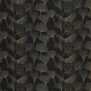 Könnte beinhalten: Ein nahtloses Muster mit zarten goldenen Ginkgoblättern auf schwarzem Hintergrund. Die Blätter sind in Gold umrandet und haben einen dezenten Grünton.